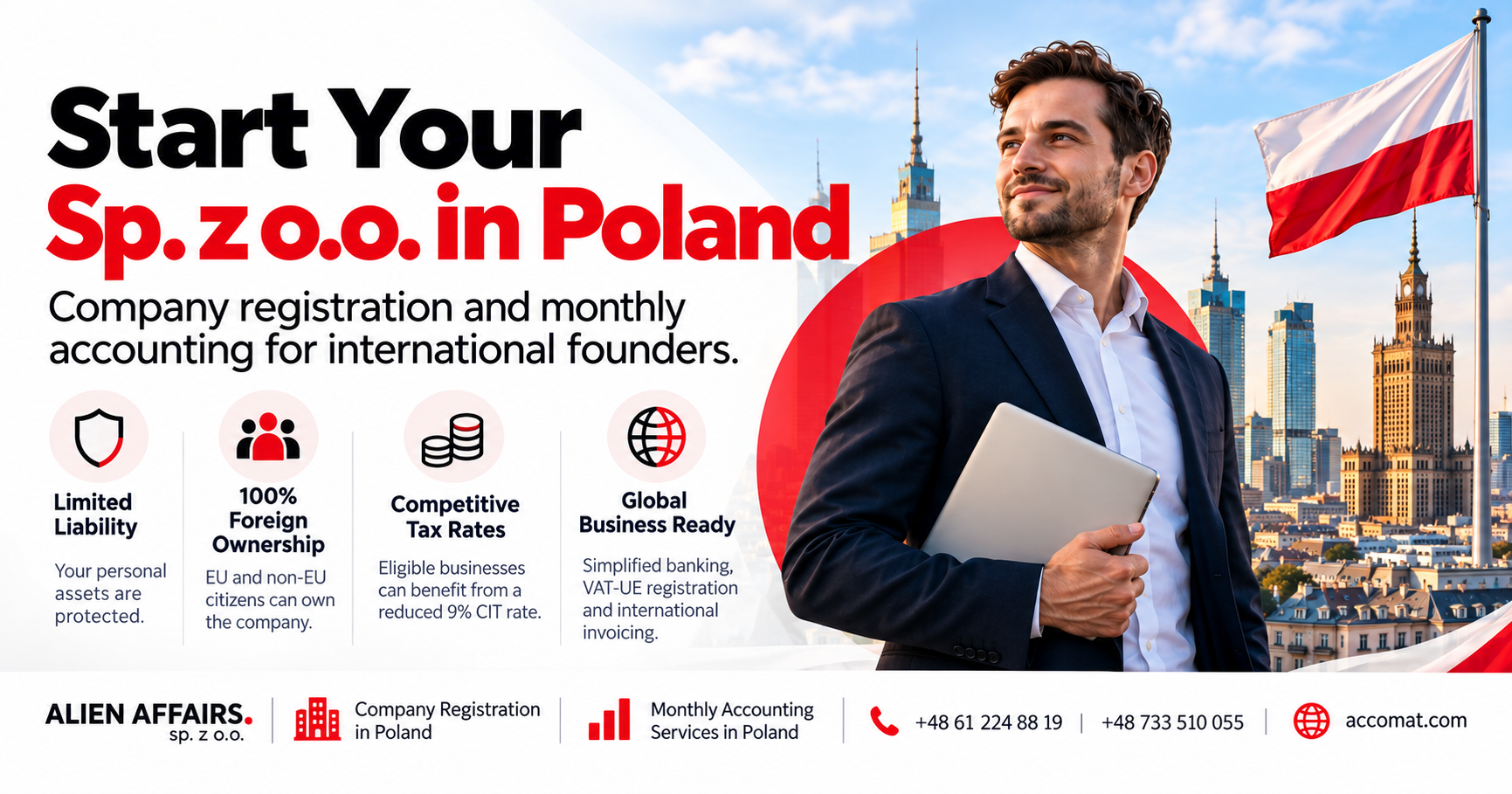 Start your business in Poland with Alien Affairs. Professional Sp. z o.o. registration and monthly accounting services for international entrepreneurs, with expert support in English.