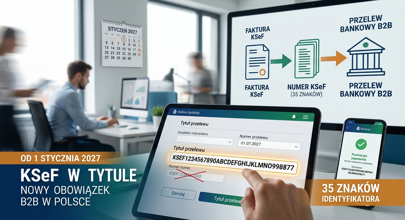 Infographic showing the Polish B2B requirement starting Jan 1, 2027, where a 35-character KSeF identifier must be included in bank transfer titles.